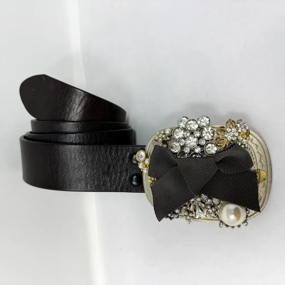 Vintage Artisan Embellished Belt Leather Strap Signed Buckle 1980s Repair